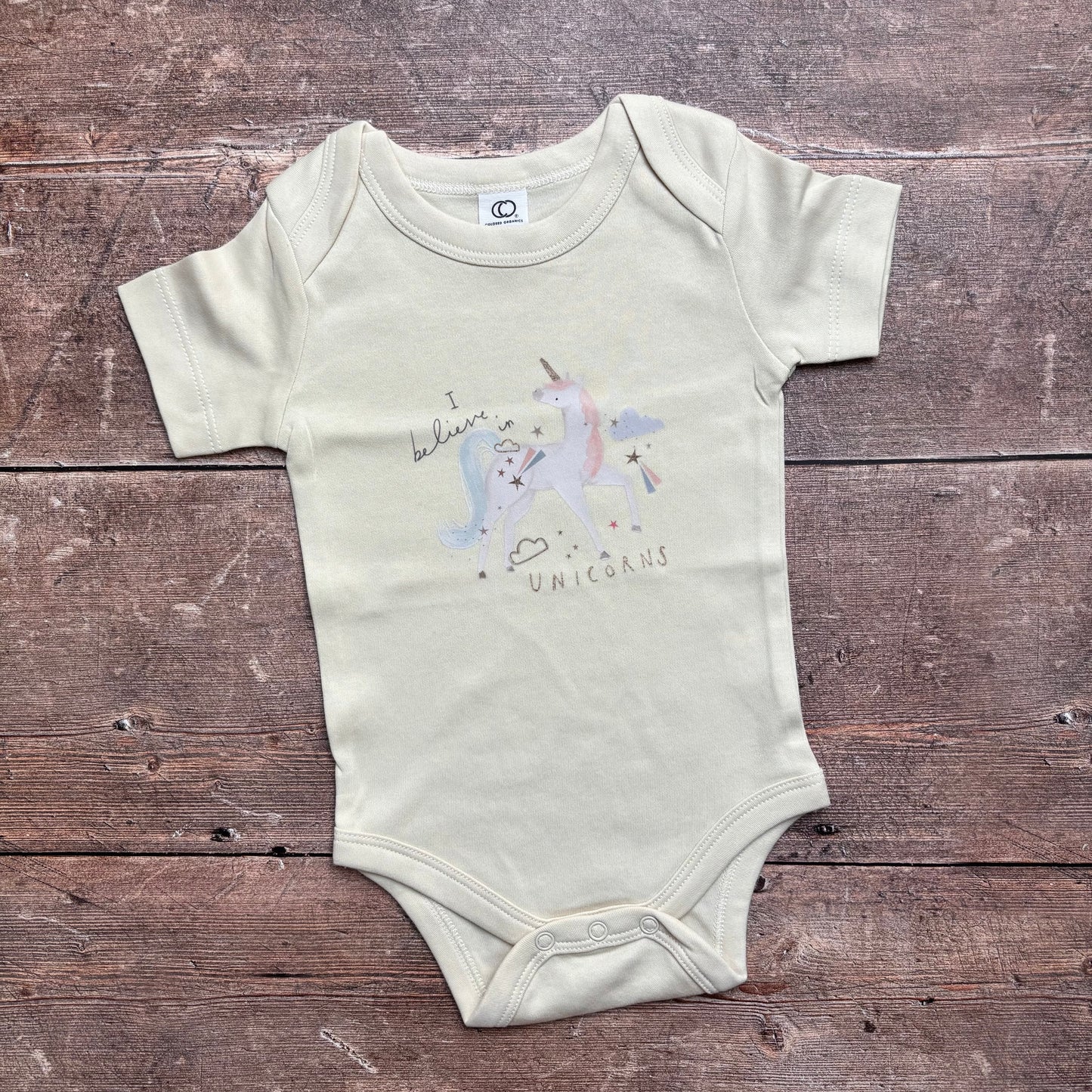 I believe in unicorns short sleeve bodysuit 3-6m (natural)