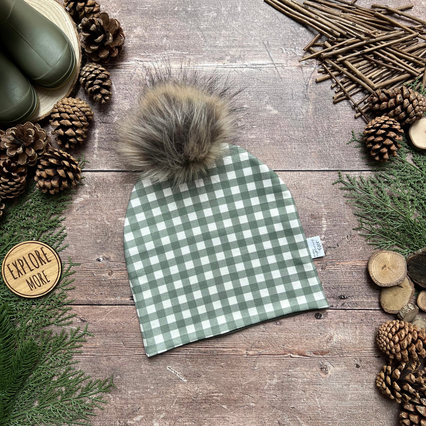 Forest Gingham Bobble Hat 2-4 years (Army inside)
