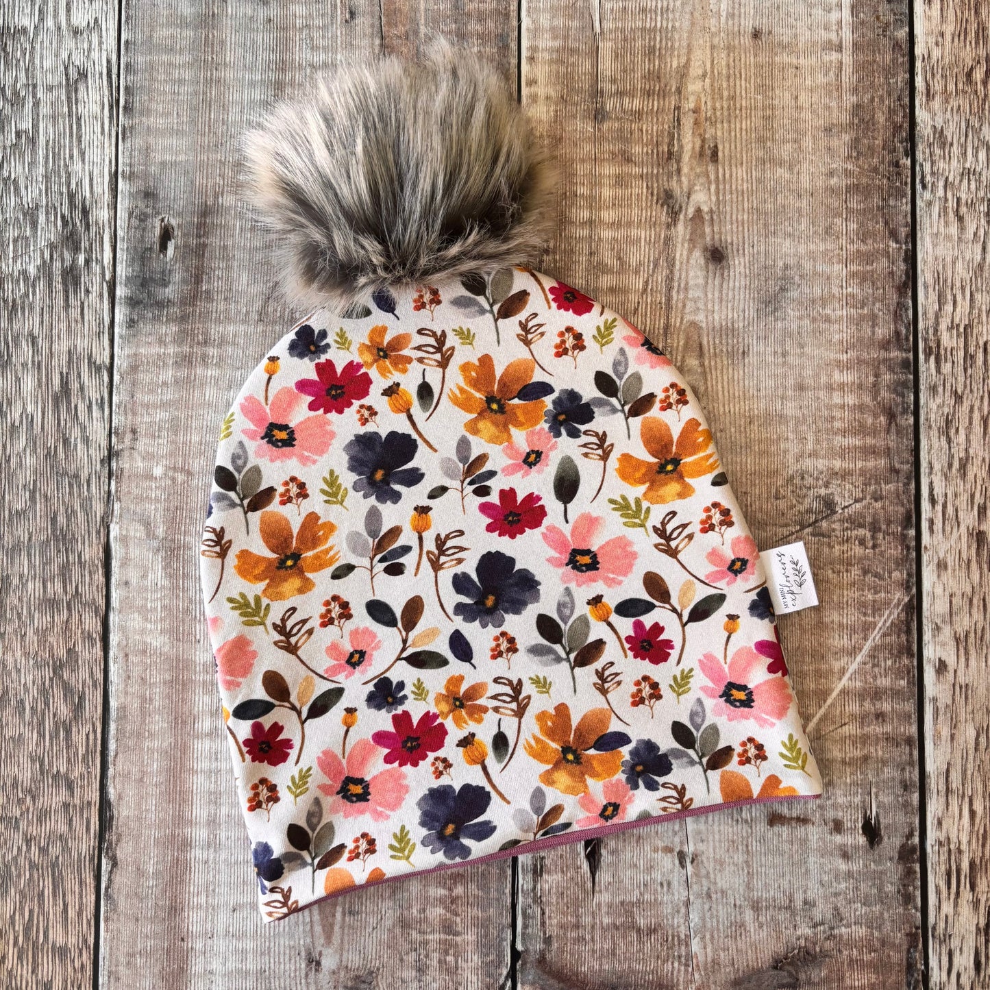 Wild Floral Bobble Hat 2-4 years (Vintage Rose inside)