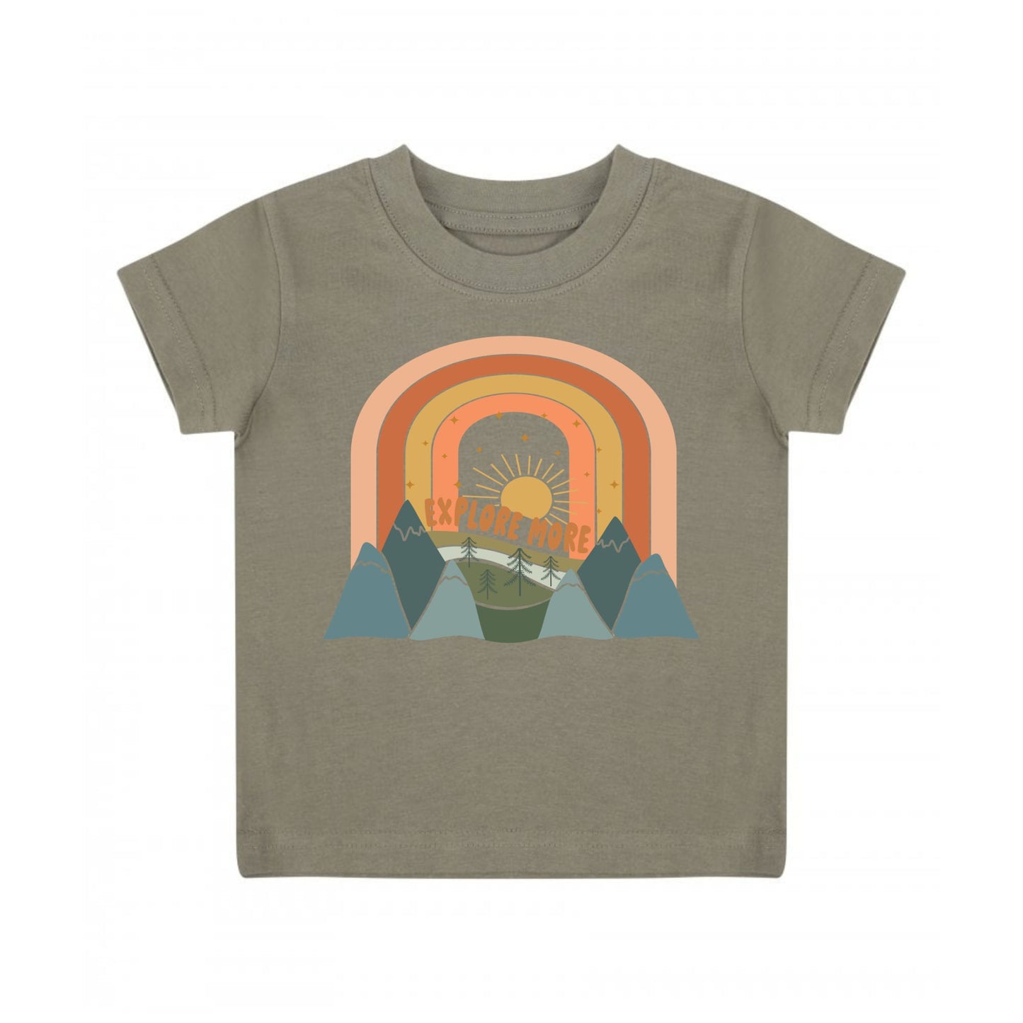 Explore More Mountain Rainbow T-Shirt 6-12m (khaki tee)