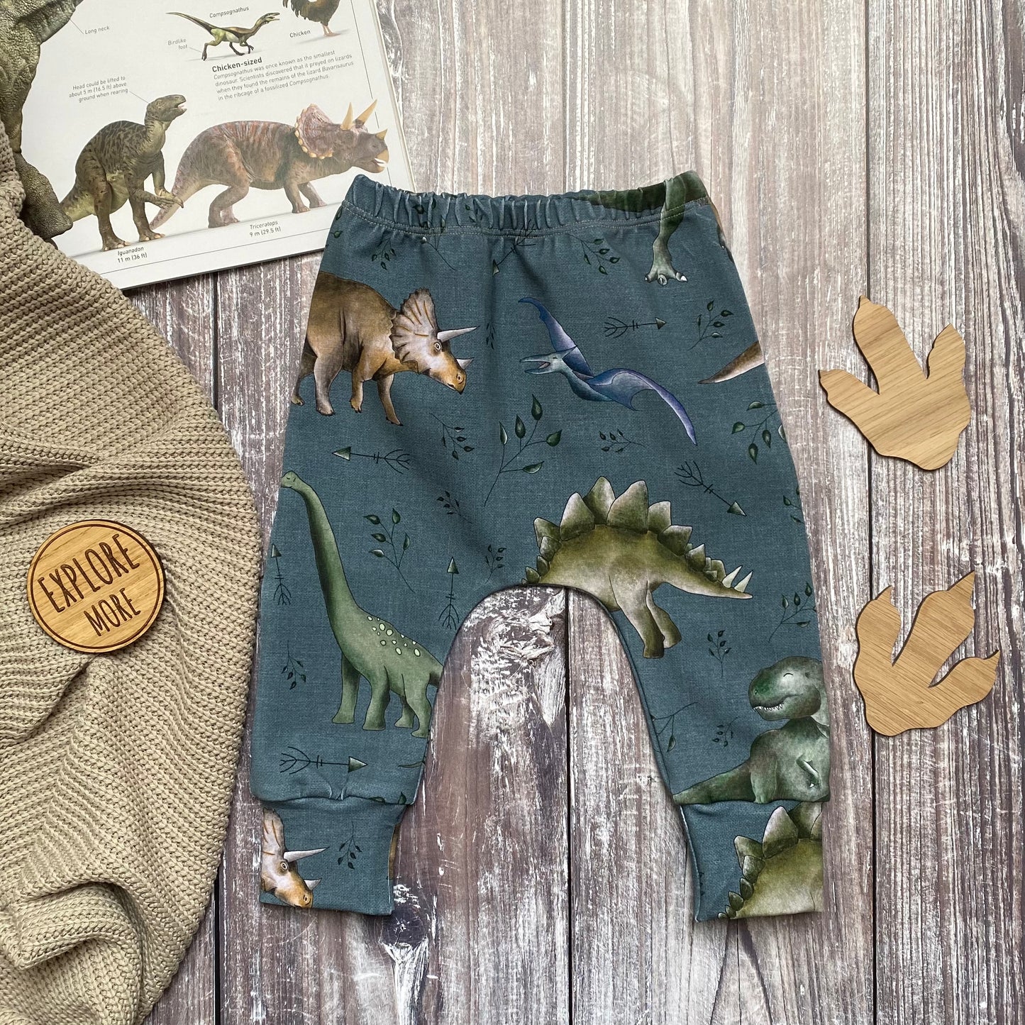Denim Dinos Harems 6-9m (army cuffs)