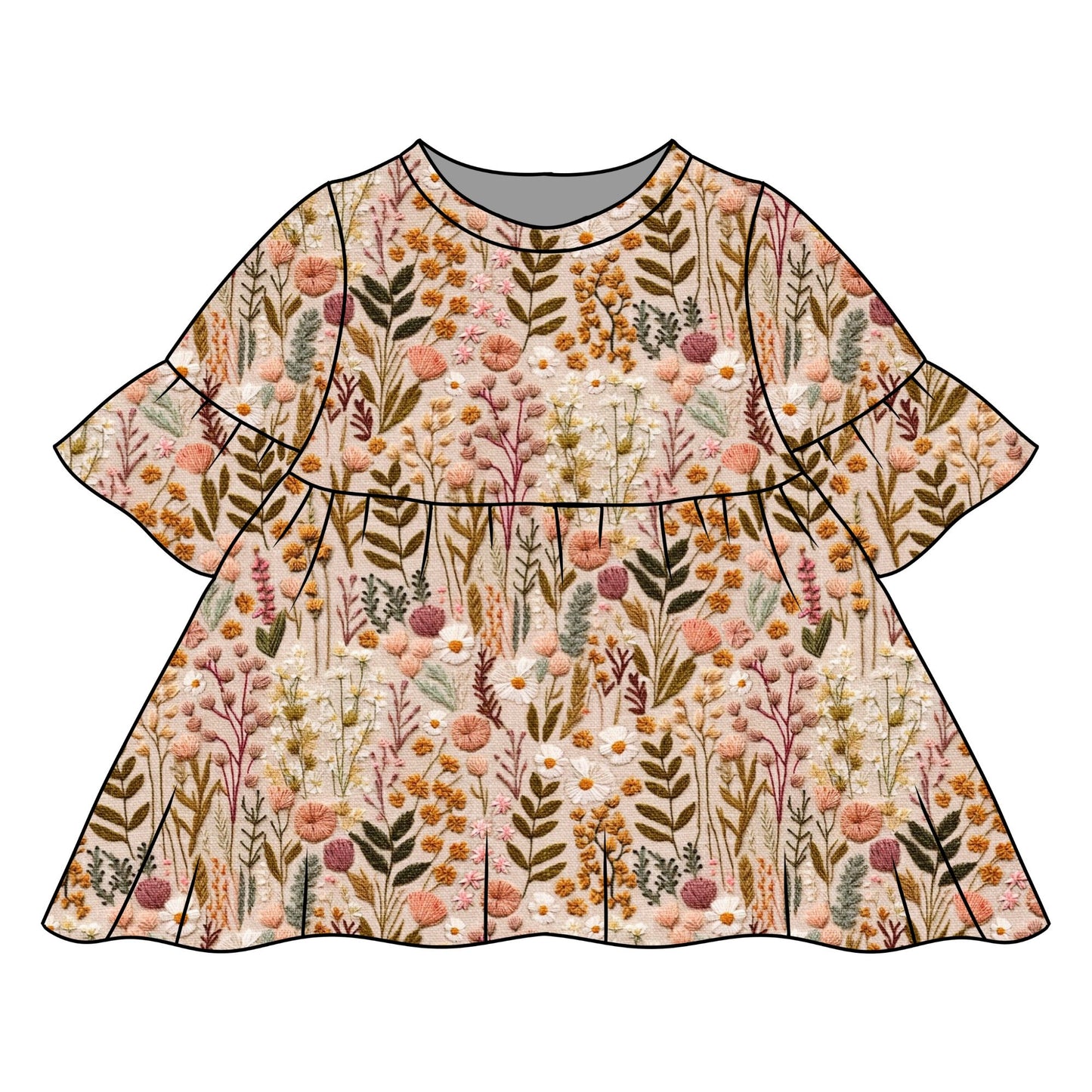 Embroidered Look Floral Child & Baby Frill Sleeve Dress
