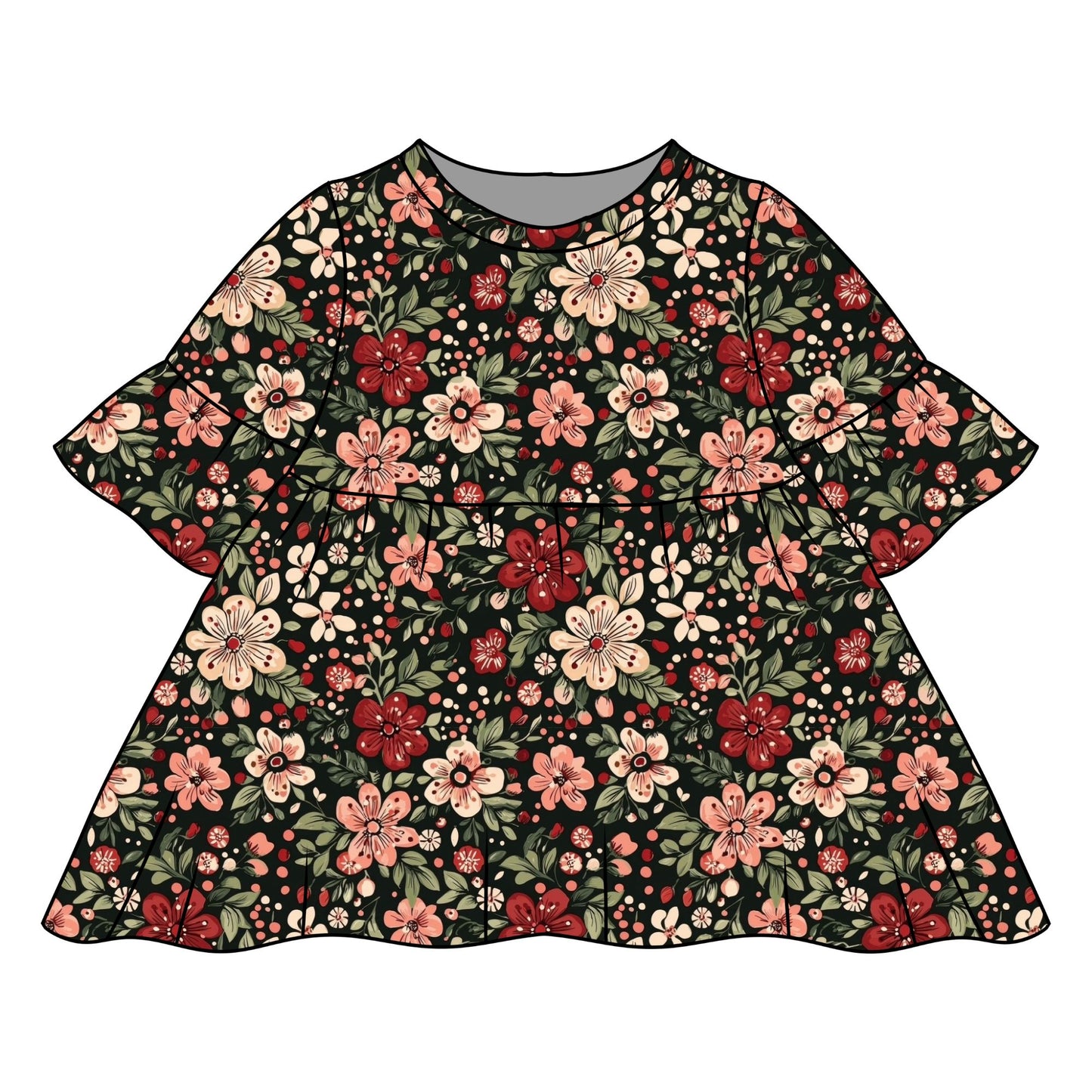 Christmas Floral Child & Baby Frill Sleeve Dress