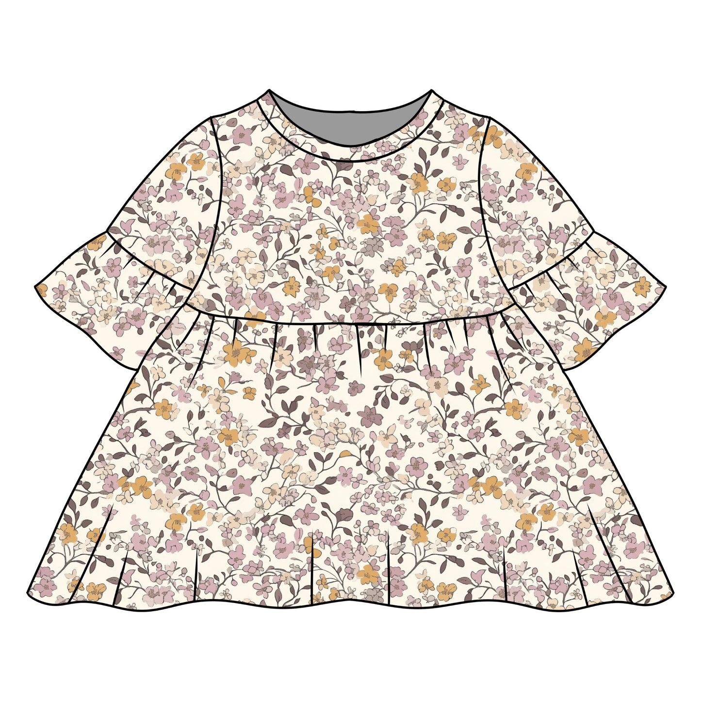 Lilac & Caramel Ditsy Floral Child & Baby Frill Sleeve Dress
