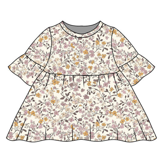 Lilac & Caramel Ditsy Floral Child & Baby Frill Sleeve Dress