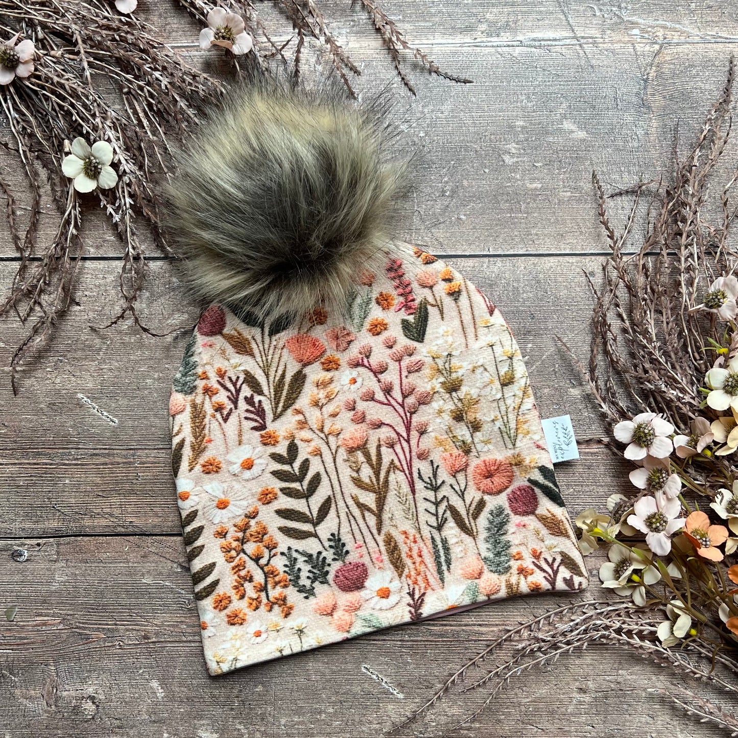Embroidered Look Floral Bobble Hat