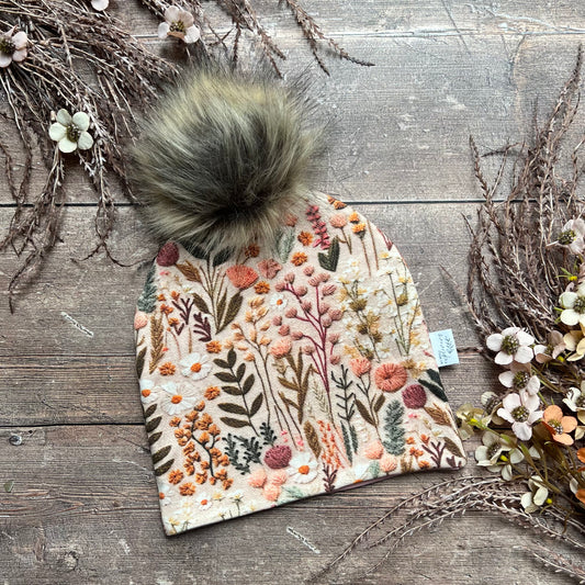 Embroidered Look Floral Bobble Hat