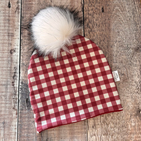 Red Gingham Bobble Hat 1-2 years (wine inside)