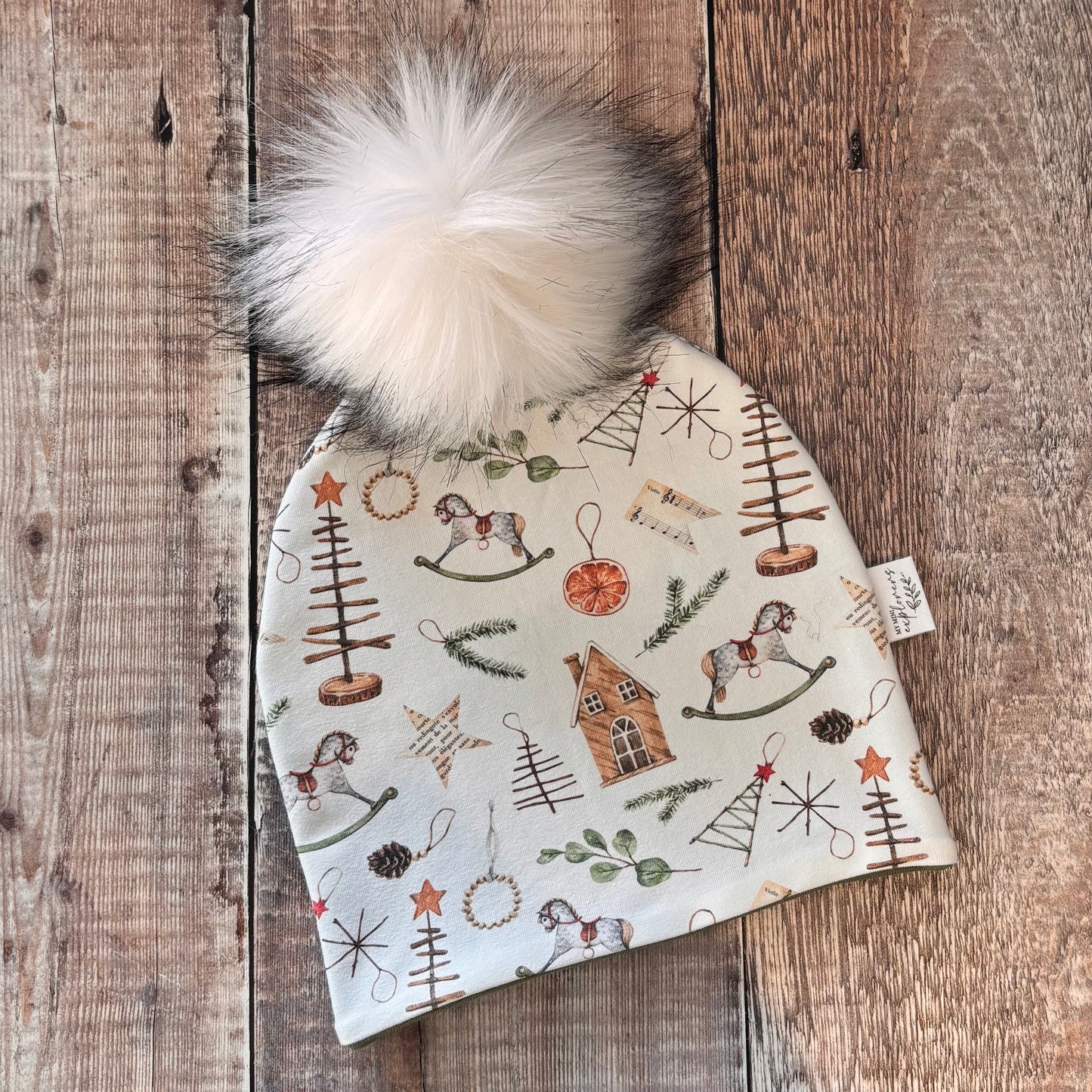 Scandi Christmas Bobble Hat 1-2 years (khaki inside)