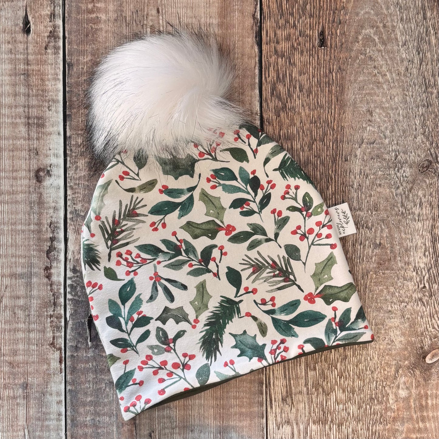 Winter Berries Bobble Hat 1-2 years (army inside)