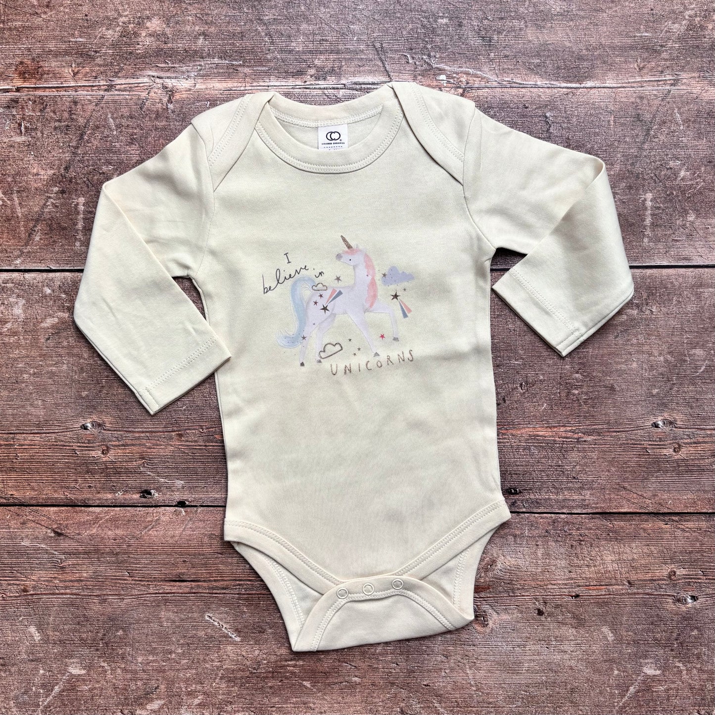I believe in unicorns long sleeve bodysuit 6-12m (natural)