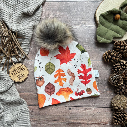 Autumn Leaves Bobble Hat 2-4 years (burnt orange inside)