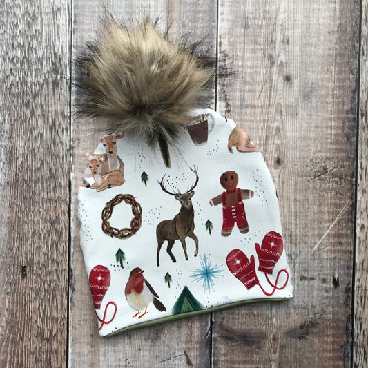 Feeling Festive Bobble Hat 1-2 years (khaki inside)
