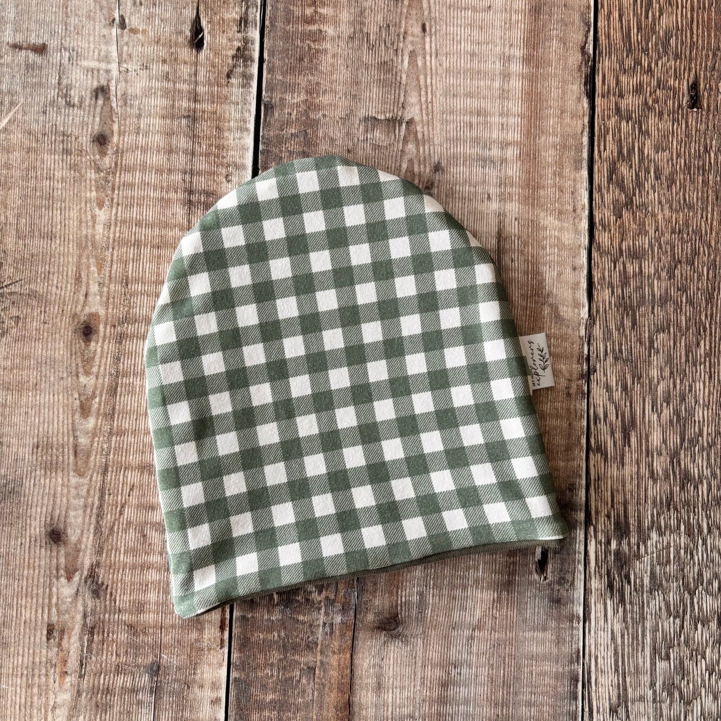 Forest Gingham Bobble Hat 0-6m (army inside) NO POM POM
