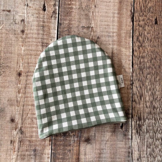 Forest Gingham Bobble Hat 0-6m (army inside) NO POM POM