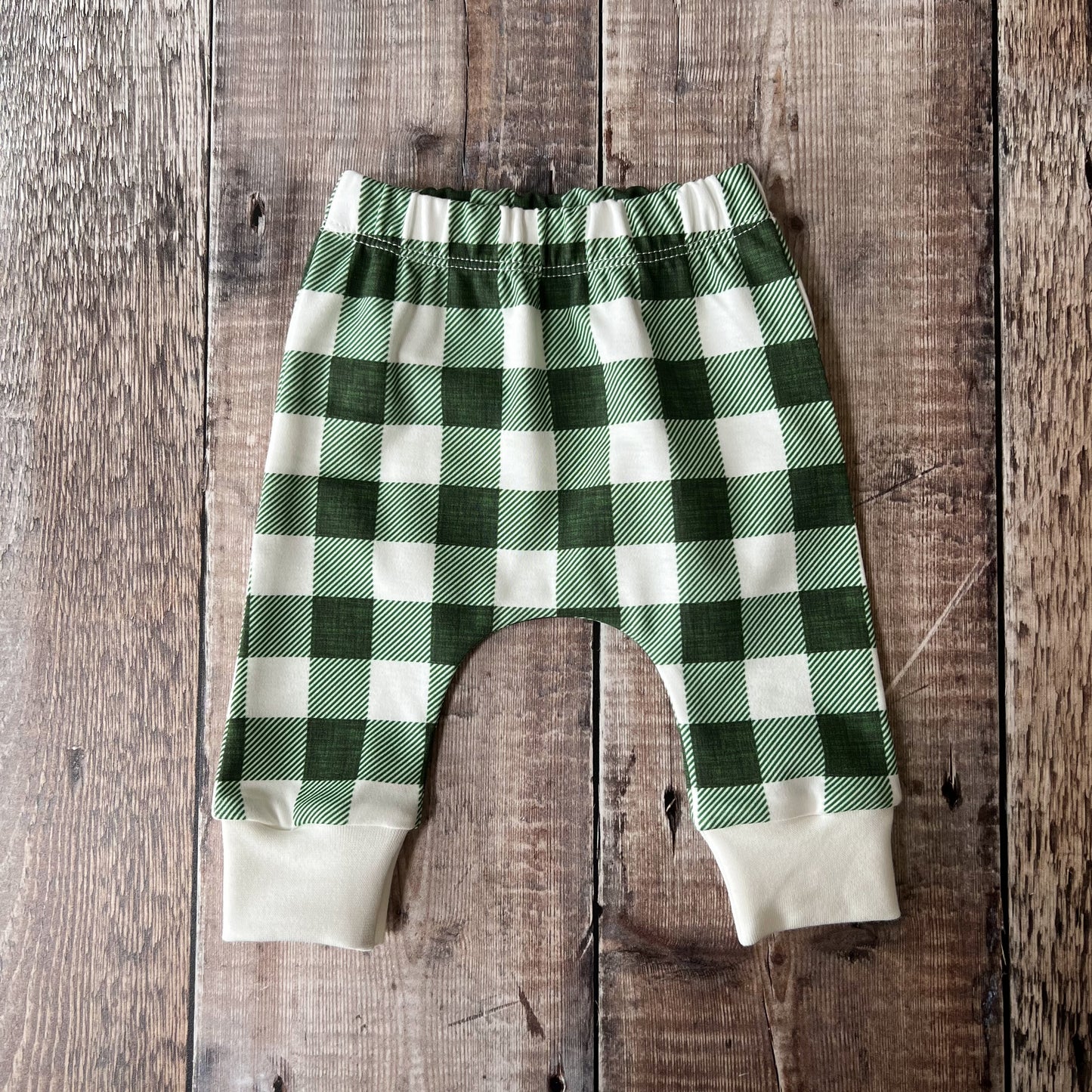 Green Check Harems 0-3m (neutral cuffs)