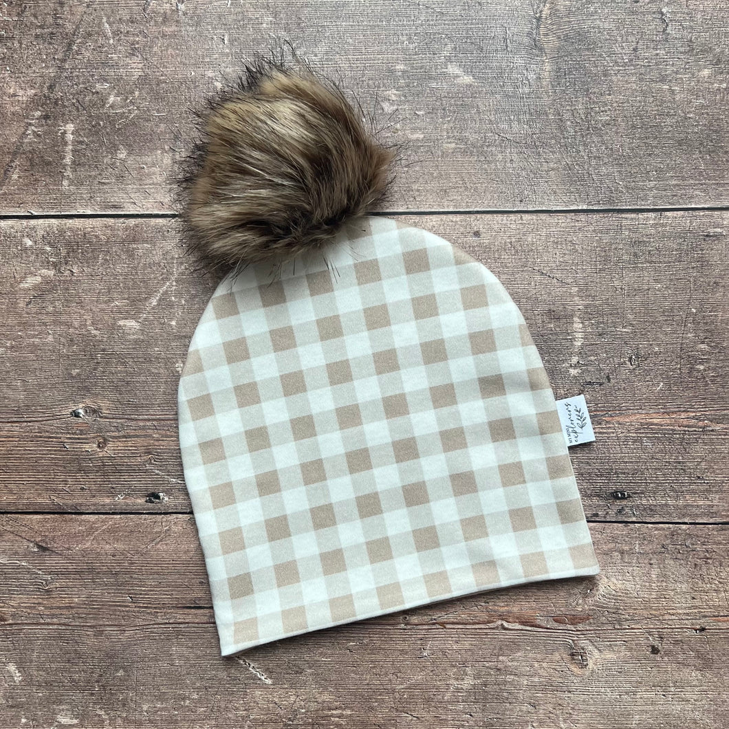 Gingham Bobble Hat 6-12 months (oat inside)