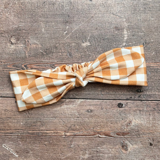 Ochre Gingham Knot Bow Headband 1-3 years