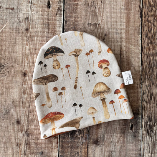 Linen Mushrooms Bobble Hat 0-6m (burnt orange inside) NO POM POM