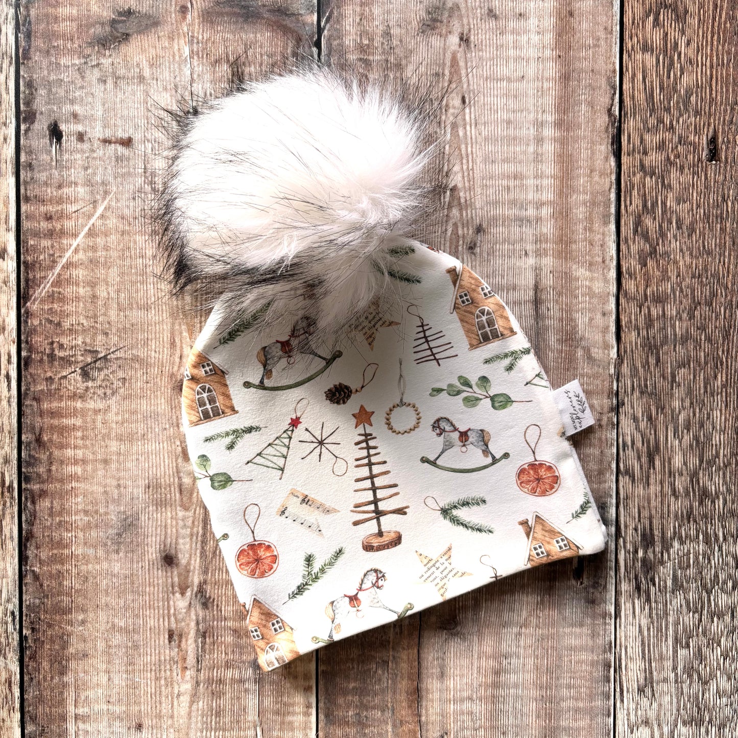 Scandi Christmas Bobble Hat 6-12 months (khaki inside)