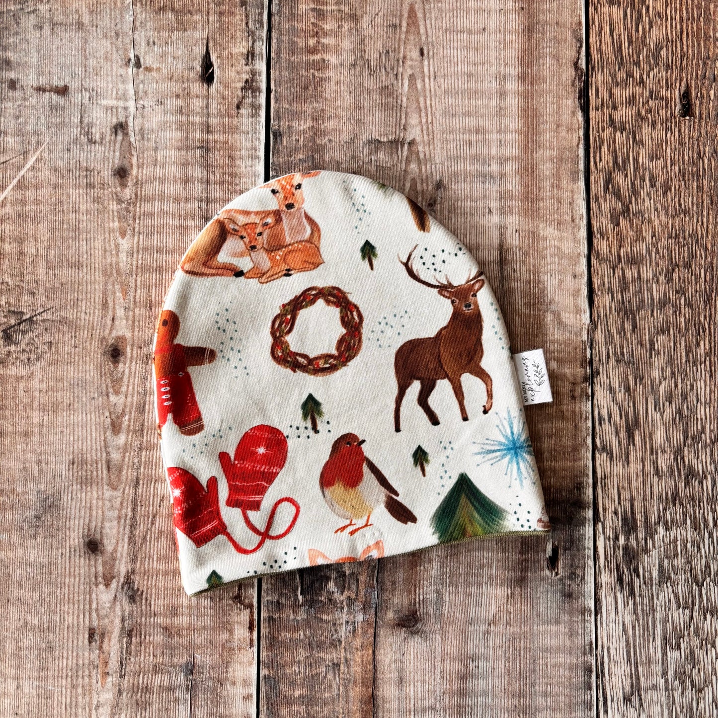 Feeling Festive Bobble Hat 0-6m (khaki inside) NO POM POM