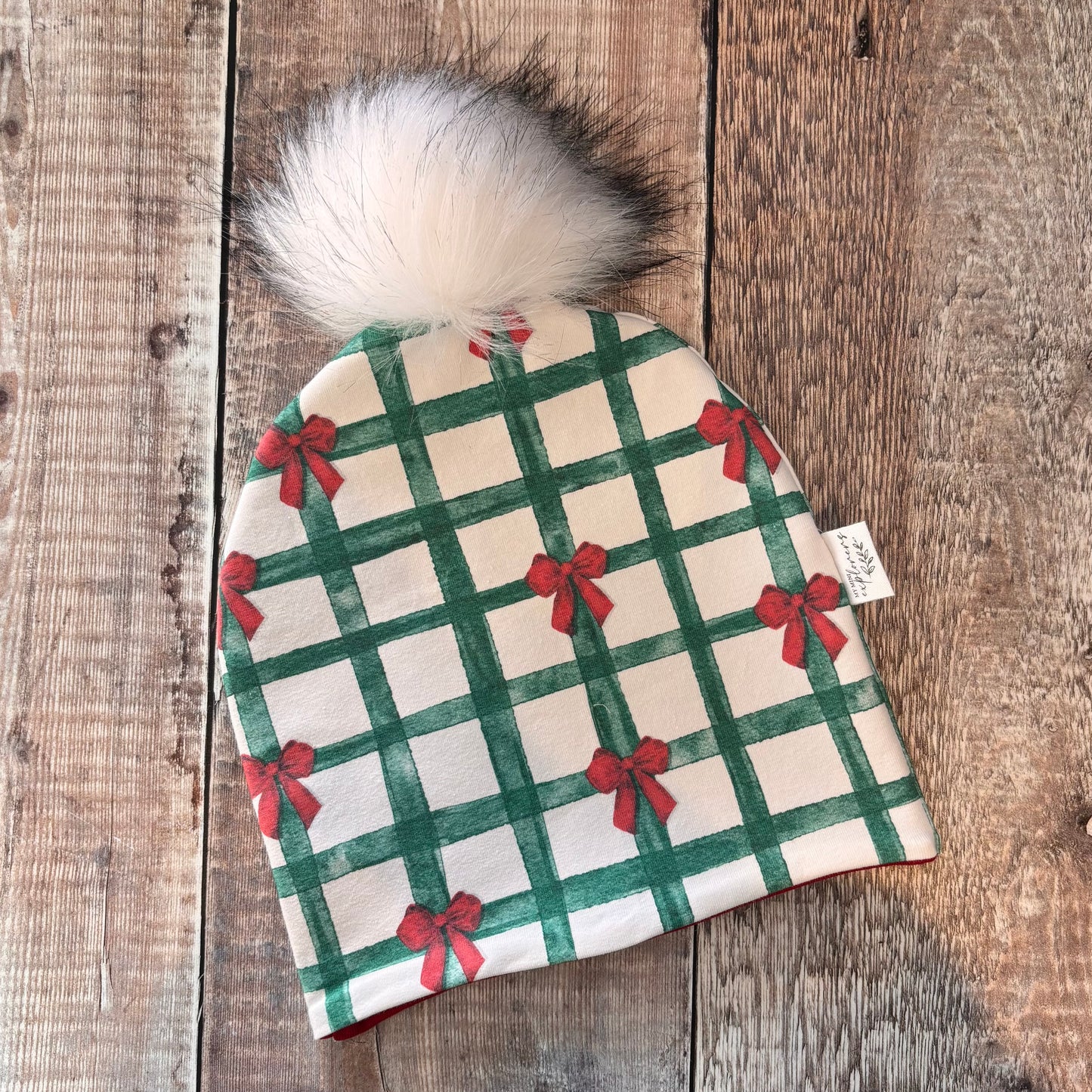 Christmas Gingham Bobble Hat 1-2 years (wine inside)