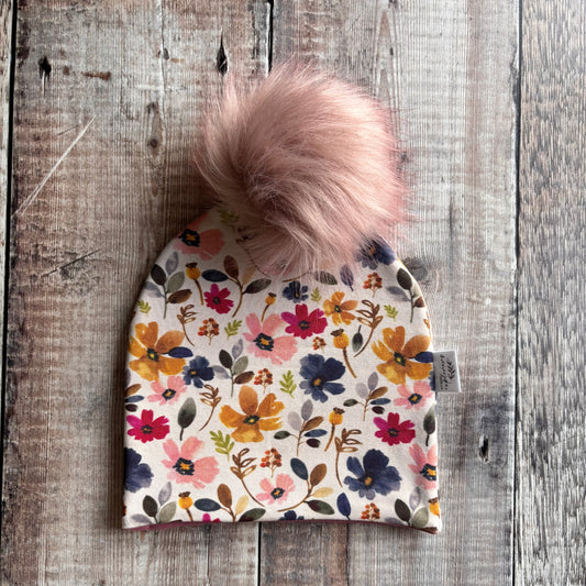 Wild Floral Bobble Hat 6-12 months (vintage rose inside)
