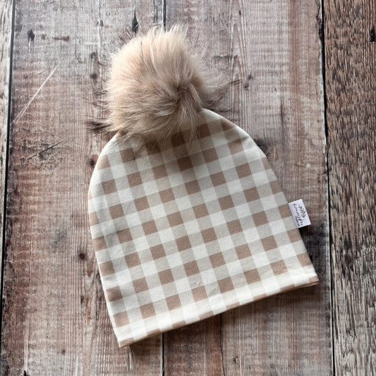 Gingham Bobble Hat 6-12 months (oat inside)