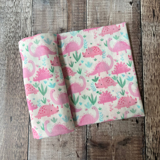 Watercolour Large Pink Dinosaurs Muslin Swaddle Blanket
