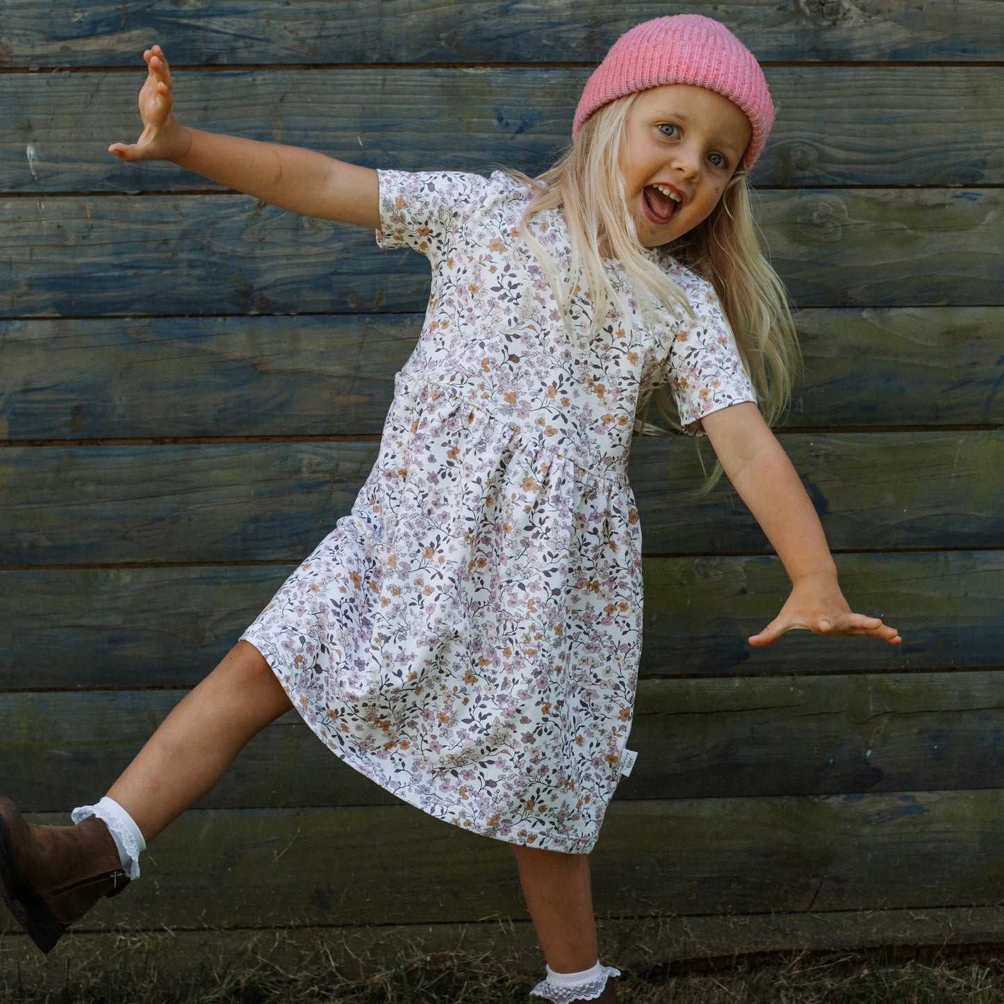 Lilac & Caramel Ditsy Floral Child & Baby Short Sleeve Dress