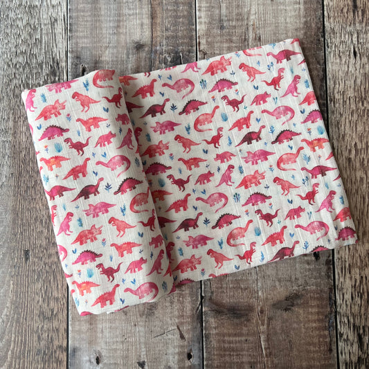 Ditsy Pink Dinos Muslin Swaddle Blanket