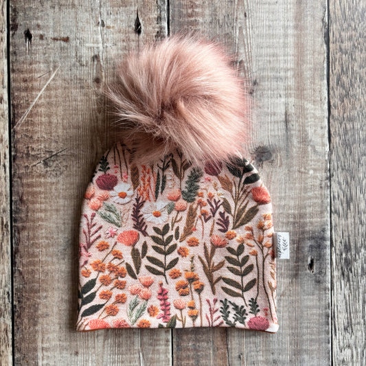 Embroidered Look Floral Bobble Hat 6-12 months (burnt orange inside)