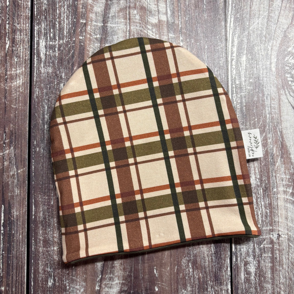Wild Wood Check Bobble Hat 0-6m (army inside) NO POM POM