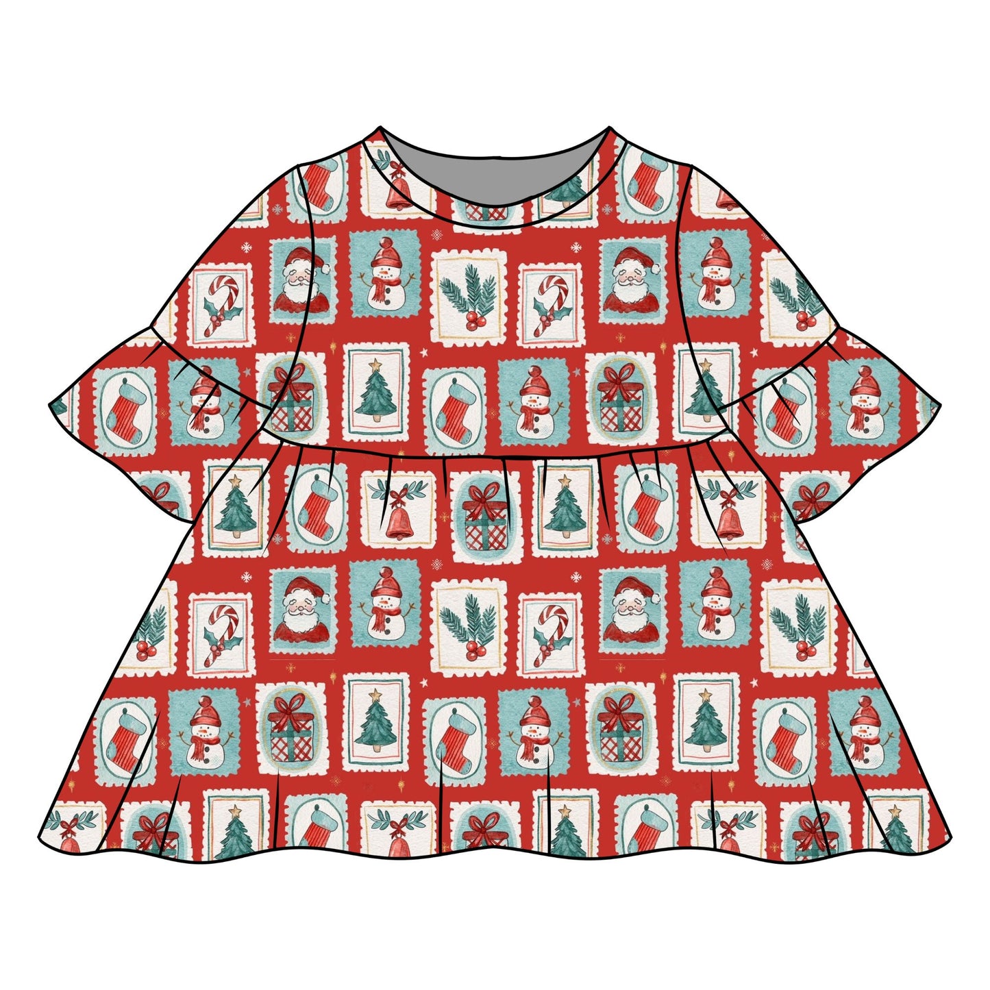 Christmas Stamps Child & Baby Frill Sleeve Dress