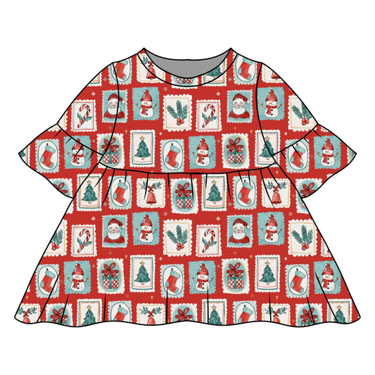 Christmas Stamps Child & Baby Frill Sleeve Dress