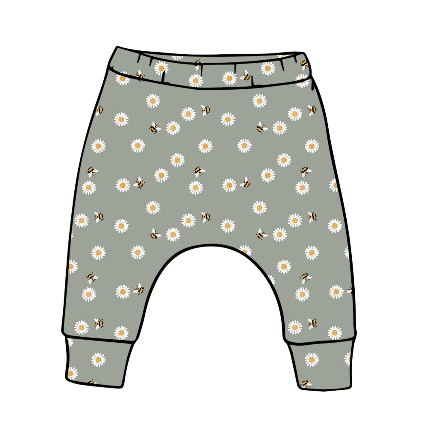 Daisies & Bees on Green Harems 0-3m