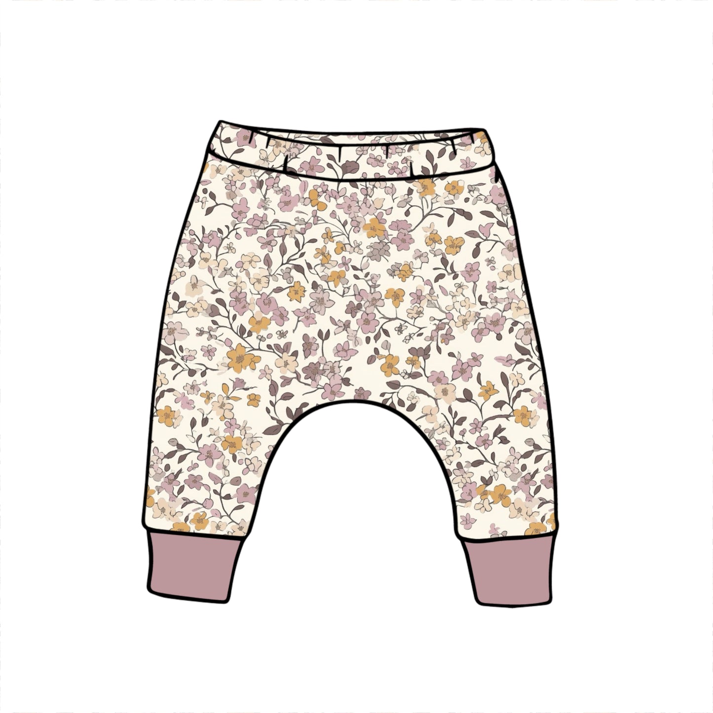 Lilac & Caramel Ditsy Floral Harems 12-18m (mauve cuff)