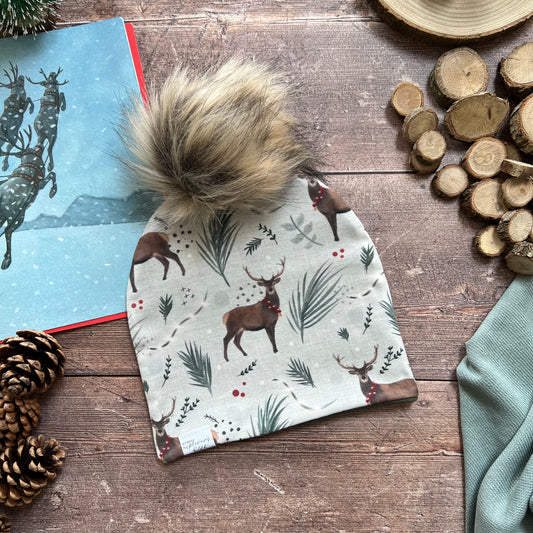 Festive Stag Bobble Hat 1-2 years (army inside)