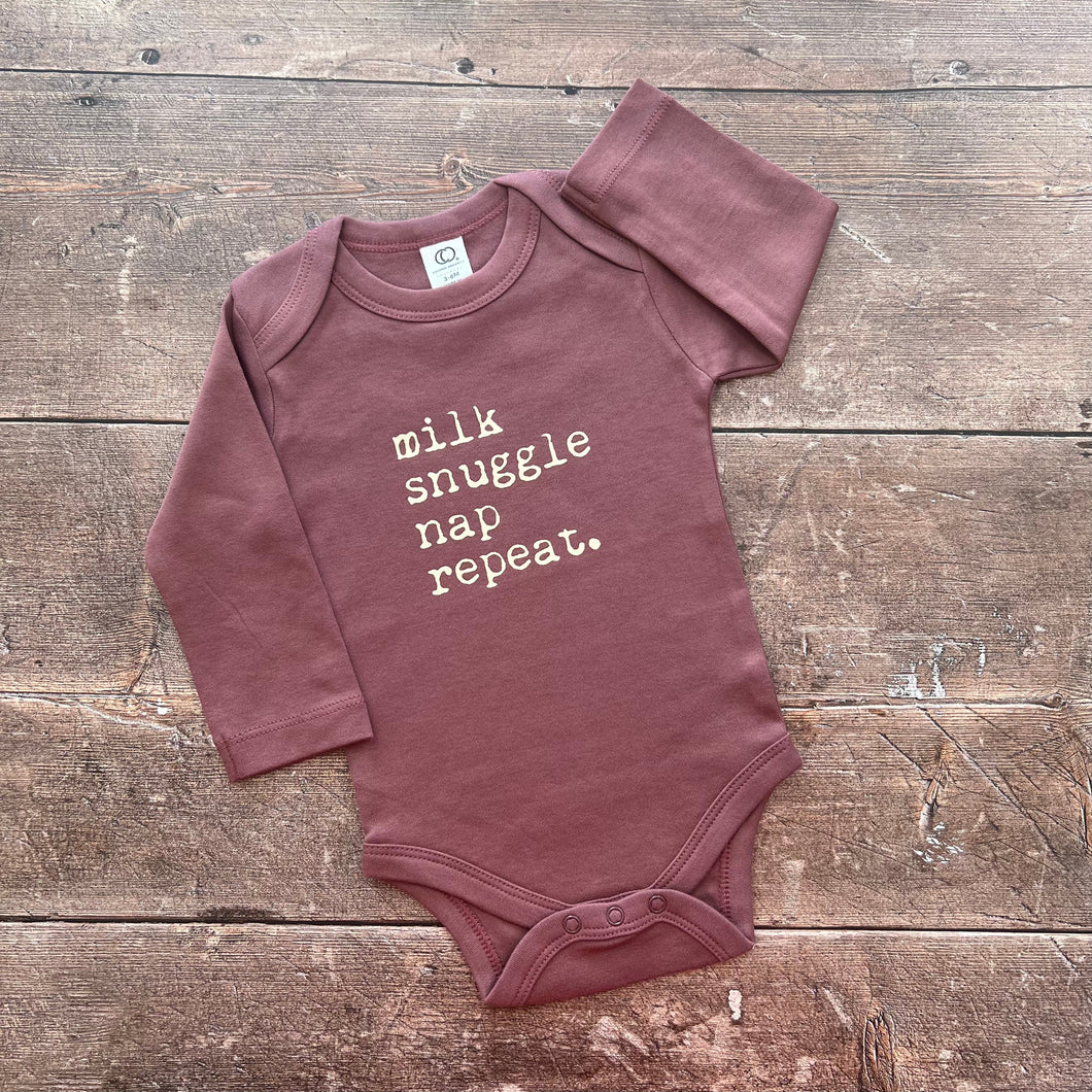 Milk, snuggle, nap, repeat plum bodysuit 3-6m